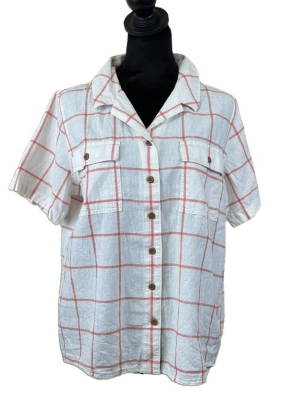 Duluth Trading Co Camp Shirt Womans M Artisan Hemp White Coral Windowpane